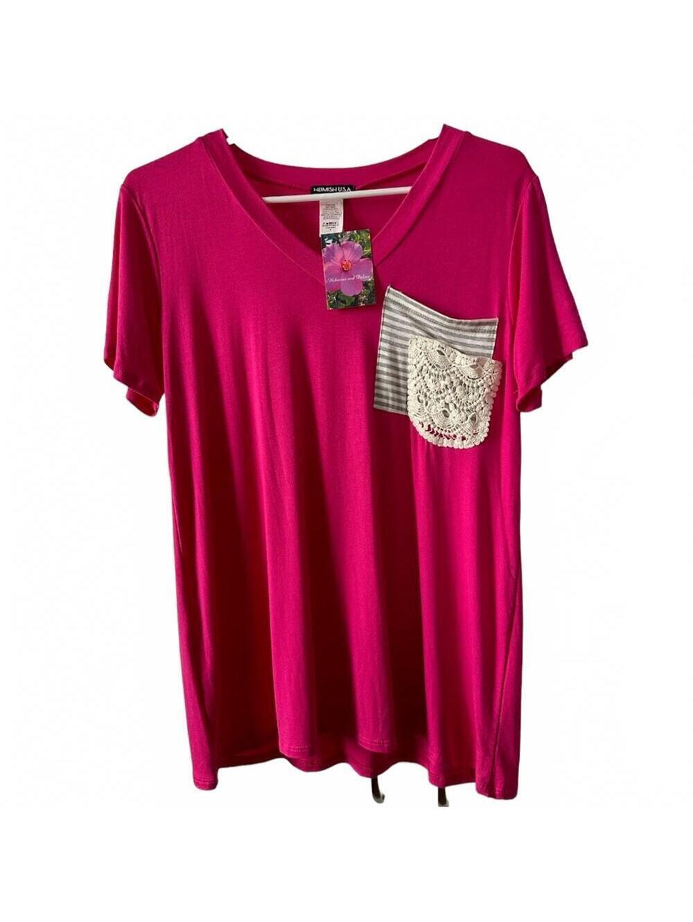 NWT HEIMISH USA Pink V-Neck T-Shirt with Crochet and Striped Double Pocket, S